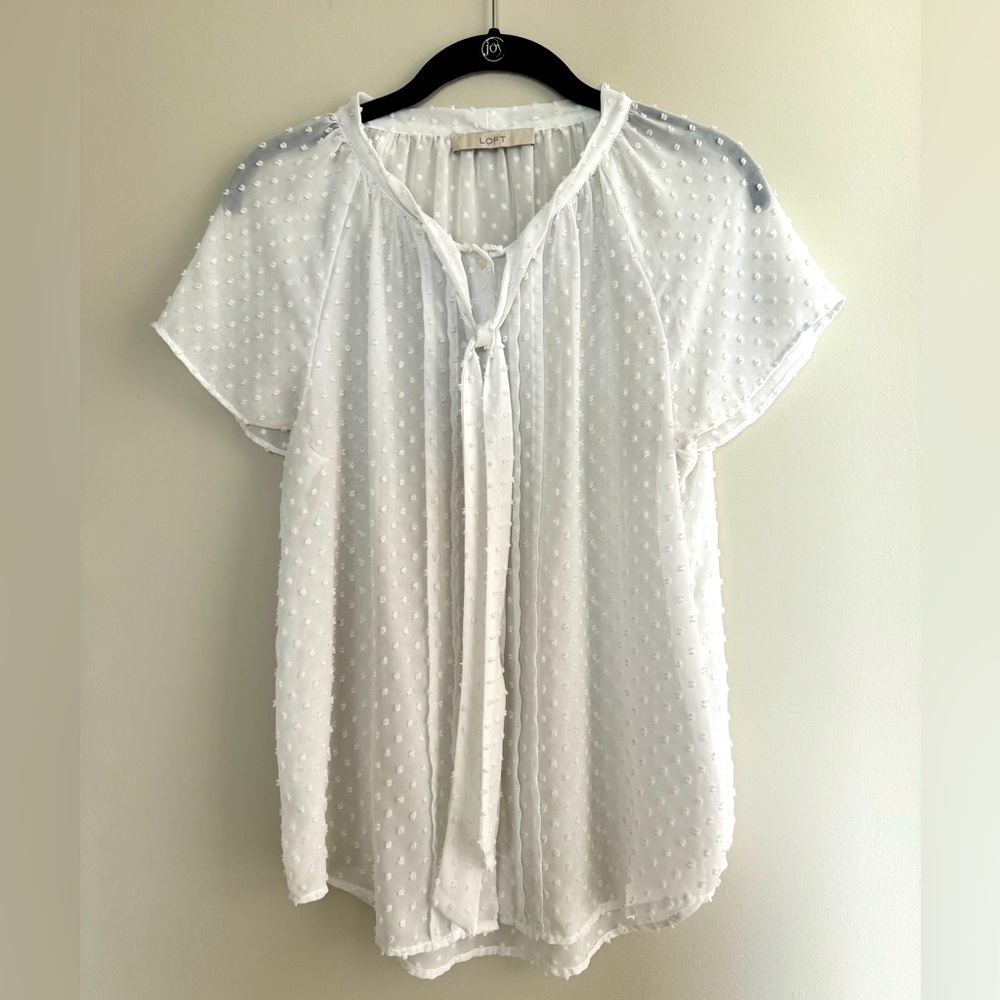 LOFT white button up, short-sleeve blouse with tie.